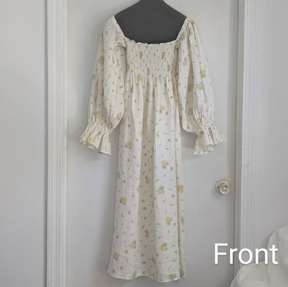 Sleeper Atlanta Smocked Linen Midi Dress Cottagecore Mimosa Size M - Picture 7 of 11